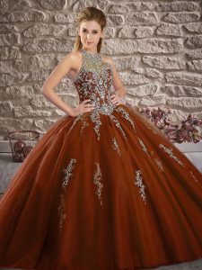 Exceptional Rust Red Tulle Lace Up Halter Top Sleeveless Quinceanera Gowns Brush Train Beading and Appliques