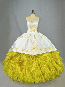 Yellow Satin and Organza Lace Up Sweetheart Sleeveless Quince Ball Gowns Brush Train Beading and Embroidery and Ruffles