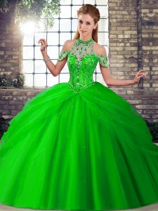 High End Green Tulle Lace Up 15 Quinceanera Dress Sleeveless Brush Train Beading and Pick Ups