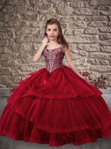 Sleeveless Sweep Train Lace Up Beading and Ruffled Layers Child Pageant Dress
