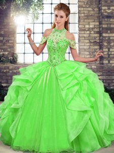 Suitable Sleeveless Floor Length Beading and Ruffles Lace Up Quinceanera Gowns with Green