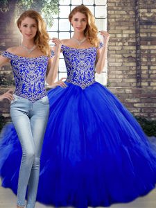 Extravagant Royal Blue Off The Shoulder Lace Up Beading and Ruffles Quinceanera Gowns Sleeveless