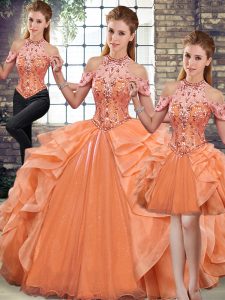 Sexy Sleeveless Floor Length Beading and Ruffles Lace Up Quince Ball Gowns with Orange