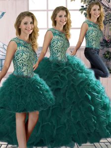 Peacock Green Three Pieces Scoop Sleeveless Organza Floor Length Lace Up Beading and Ruffles Ball Gown Prom Dress