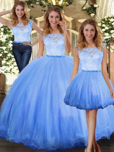 Floor Length Blue Ball Gown Prom Dress Scoop Sleeveless Clasp Handle
