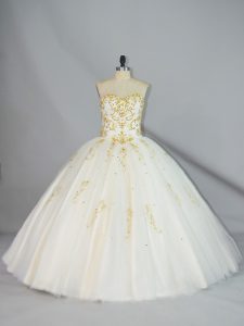 Sleeveless Tulle Floor Length Lace Up Sweet 16 Dresses in Champagne with Beading