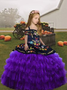 Simple Floor Length Purple Child Pageant Dress Organza Sleeveless Embroidery