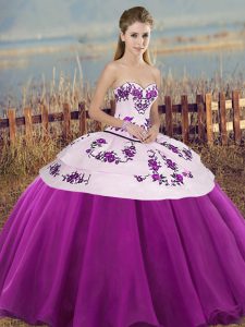 Floor Length Lace Up Quinceanera Dresses White And Purple for Military Ball and Sweet 16 and Quinceanera with Embroidery