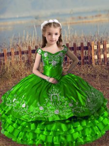 Custom Made Green Satin and Organza Lace Up Girls Pageant Dresses Sleeveless Floor Length Embroidery and Ruffled Layers