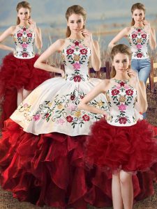 White And Red Lace Up Quinceanera Dresses Embroidery and Ruffles Sleeveless Floor Length