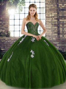 Colorful Olive Green Lace Up Sweetheart Beading and Appliques Quince Ball Gowns Tulle Sleeveless