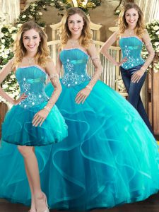 Aqua Blue Ball Gowns Beading and Ruffles Quinceanera Dresses Lace Up Tulle Sleeveless Floor Length
