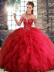 Pretty Floor Length Red Ball Gown Prom Dress Halter Top Sleeveless Lace Up