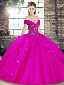 Romantic Sleeveless Floor Length Beading and Ruffles Lace Up Quinceanera Gowns with Fuchsia