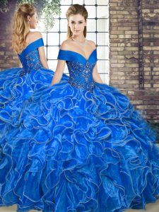 Nice Royal Blue Off The Shoulder Neckline Beading and Ruffles Sweet 16 Quinceanera Dress Sleeveless Lace Up