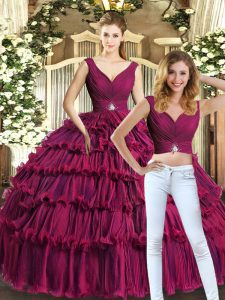 Suitable Floor Length Backless Quinceanera Gowns Burgundy for Sweet 16 and Quinceanera with Beading and Ruffled Layers