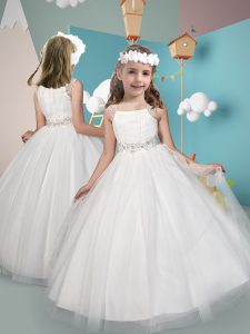 White Toddler Flower Girl Dress Wedding Party with Belt Straps Sleeveless Zipper