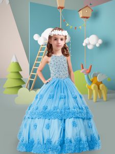 Baby Blue Ball Gowns Tulle Scoop Sleeveless Beading and Hand Made Flower Floor Length Zipper Child Pageant Dress