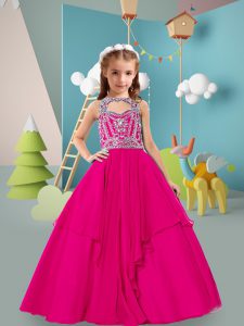 Elegant Fuchsia Chiffon Zipper Kids Pageant Dress Sleeveless Floor Length Beading