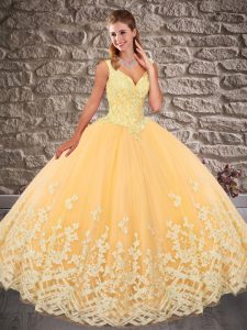 Customized V-neck Sleeveless 15 Quinceanera Dress Brush Train Appliques Gold Tulle