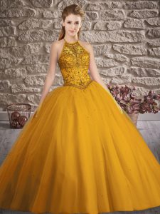 Brush Train Ball Gowns 15 Quinceanera Dress Gold Halter Top Tulle Sleeveless Lace Up