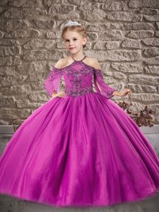 Fuchsia Tulle Zipper Halter Top 3 4 Length Sleeve Floor Length Little Girls Pageant Dress Beading and Lace