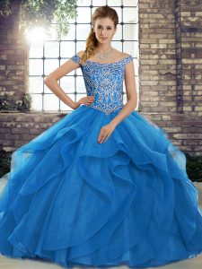 Vintage Lace Up 15 Quinceanera Dress Blue for Military Ball and Sweet 16 and Quinceanera with Beading and Ruffles Brush 