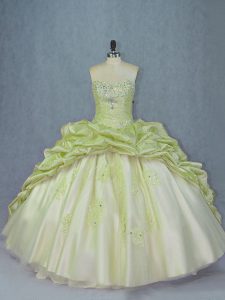 Inexpensive Sleeveless Beading and Appliques Lace Up Vestidos de Quinceanera with Yellow Green Brush Train