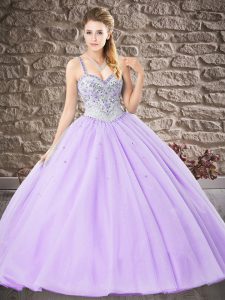Enchanting Floor Length Lace Up 15th Birthday Dress Lavender for Military Ball and Sweet 16 and Quinceanera with Beading