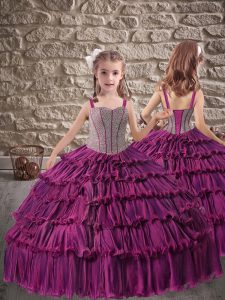 Dark Purple Ball Gowns Beading and Ruffled Layers Child Pageant Dress Lace Up Organza Sleeveless Floor Length