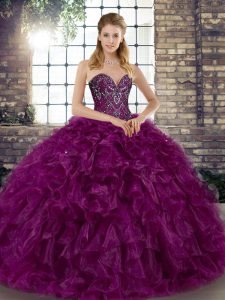 Fitting Floor Length Lace Up Quinceanera Gowns Purple for Military Ball and Sweet 16 and Quinceanera with Beading and Ru