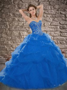 Attractive Blue Lace Up Sweetheart Beading and Pick Ups Ball Gown Prom Dress Tulle Sleeveless Brush Train