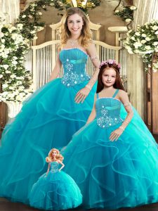 Aqua Blue Ball Gowns Strapless Sleeveless Tulle Floor Length Lace Up Beading and Ruffles Quinceanera Dress