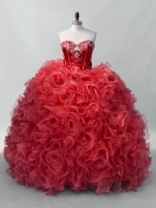 Red Lace Up Vestidos de Quinceanera Sequins Sleeveless Floor Length