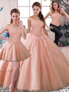 Discount Brush Train Three Pieces Quinceanera Gown Peach Off The Shoulder Tulle Sleeveless Lace Up
