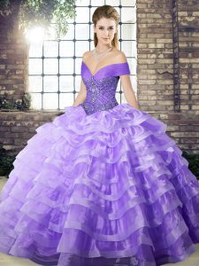 Lavender Sleeveless Beading and Ruffled Layers Lace Up 15th Birthday Dress