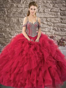 Glamorous Red Sleeveless Tulle Lace Up Sweet 16 Quinceanera Dress for Military Ball and Sweet 16 and Quinceanera