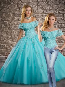 Short Sleeves Brush Train Lace and Appliques Lace Up Quinceanera Gowns