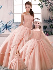 Peach Sleeveless Tulle Brush Train Lace Up 15th Birthday Dress for Military Ball and Sweet 16 and Quinceanera