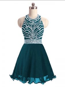 Traditional Halter Top Sleeveless Dress for Prom Mini Length Beading Teal Chiffon