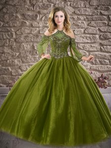 Beading Sweet 16 Dresses Olive Green Zipper 3 4 Length Sleeve Floor Length