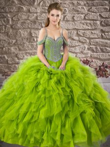 Shining Olive Green Sweet 16 Dresses Military Ball and Sweet 16 and Quinceanera with Beading and Ruffles Off The Shoulde