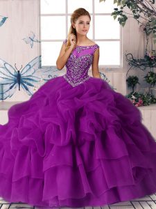 Chic Purple Zipper Quinceanera Gown Beading and Pick Ups Sleeveless Brush Train