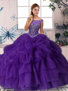 Sleeveless Beading and Pick Ups Zipper Quinceanera Gowns with Purple Brush Train