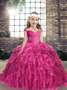 Custom Fit Fuchsia Ball Gowns Organza Straps Sleeveless Beading and Ruffles Floor Length Lace Up Kids Pageant Dress