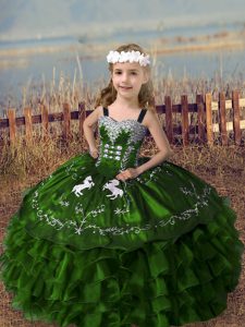 Sweet Olive Green Organza Lace Up Little Girls Pageant Dress Wholesale Sleeveless Floor Length Embroidery and Ruffled La