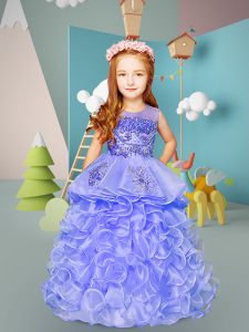 Floor Length Lavender Little Girl Pageant Dress Organza Sleeveless Beading and Ruffles