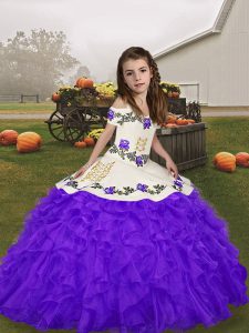 Purple Straps Neckline Embroidery and Ruffles Little Girls Pageant Gowns Sleeveless Lace Up