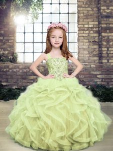 Yellow Green Lace Up Straps Beading and Ruffles Kids Pageant Dress Tulle Sleeveless