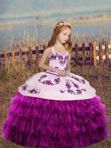 Floor Length Fuchsia Little Girls Pageant Dress Organza Sleeveless Embroidery and Ruffled Layers and Bowknot